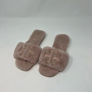 Tory Burch Double T Fluffy Slide On Pink Slipper Shoes Women Size 7 Preppy